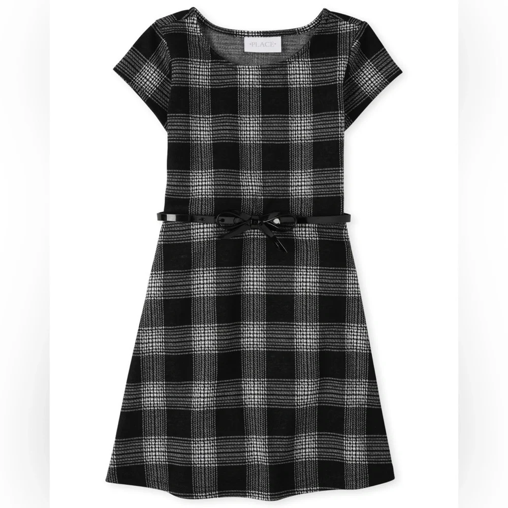 New! The Childrens Place Plaid Jacquard Stretch Knit Belted Dress Size 14 - Picture 8 of 10